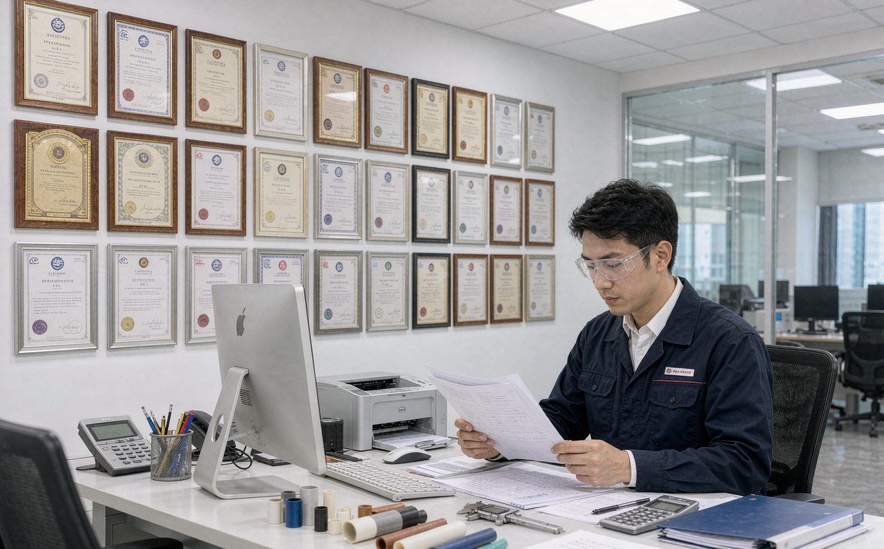 WCW in-house quality assurance office with framed certifications and sleeving samples