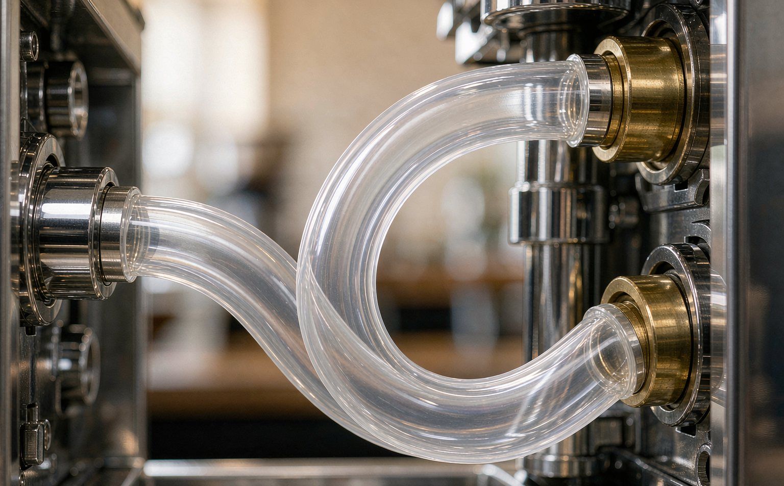 High-clarity transparent platinum-cured silicone tubing on a premium espresso coffee machine